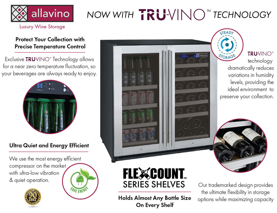 30" Wide FlexCount II Tru-Vino 30 Bottle/88 Can Dual Zone Stainless Steel Built-In Wine Refrigerator/Beverage Center