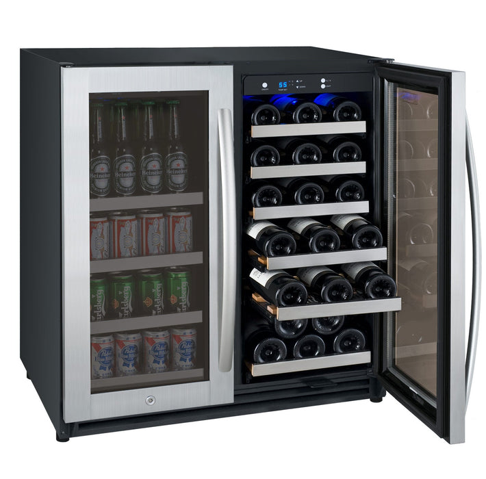 30" Wide FlexCount II Tru-Vino 30 Bottle/88 Can Dual Zone Stainless Steel Built-In Wine Refrigerator/Beverage Center