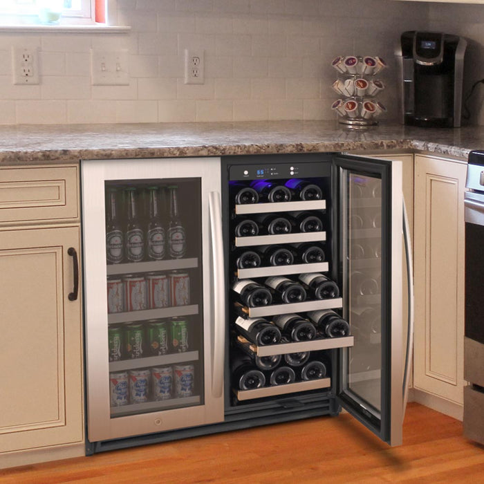 30" Wide FlexCount II Tru-Vino 30 Bottle/88 Can Dual Zone Stainless Steel Built-In Wine Refrigerator/Beverage Center