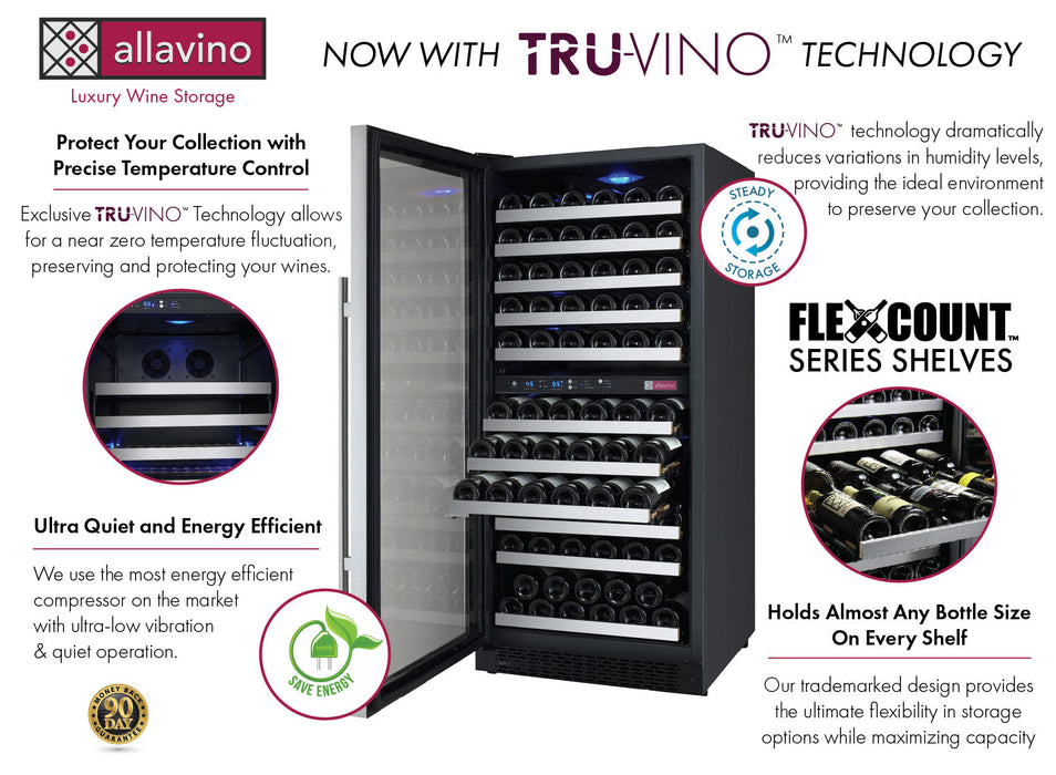 24" Wide FlexCount II Tru-Vino 121 Bottle Dual Zone Stainless Steel Left Hinge Wine Refrigerator