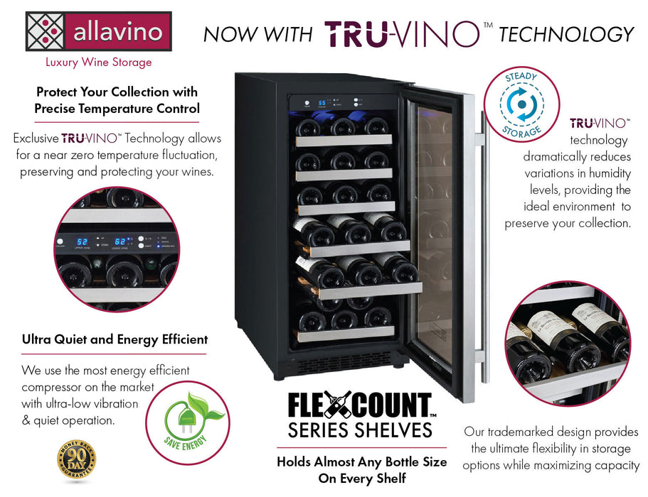 15" Wide FlexCount II Tru-Vino 30 Bottle Single Zone Stainless Steel Right Hinge Wine Refrigerator