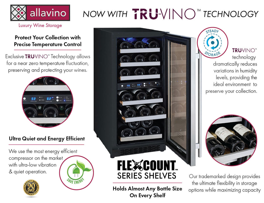 15" Wide FlexCount II Tru-Vino 30 Bottle Dual Zone Stainless Steel Right Hinge Wine Refrigerator