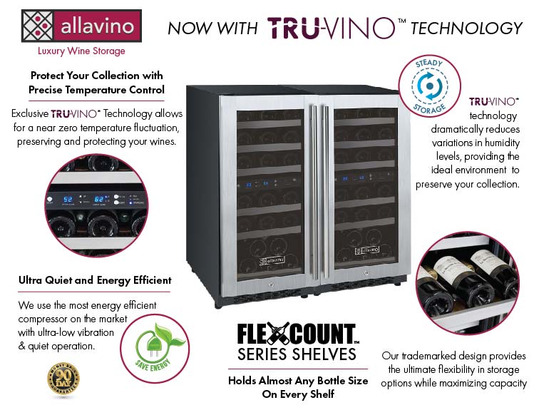 30" Wide FlexCount II Tru-Vino 60 Bottle Four Zone Stainless Steel Side-by-Side Wine Refrigerator