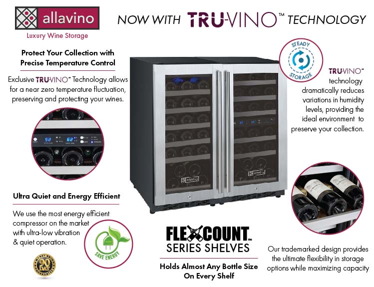 30" Wide FlexCount II Tru-Vino 60 Bottle Three Zone Stainless Steel Side-by-Side Wine Refrigerator