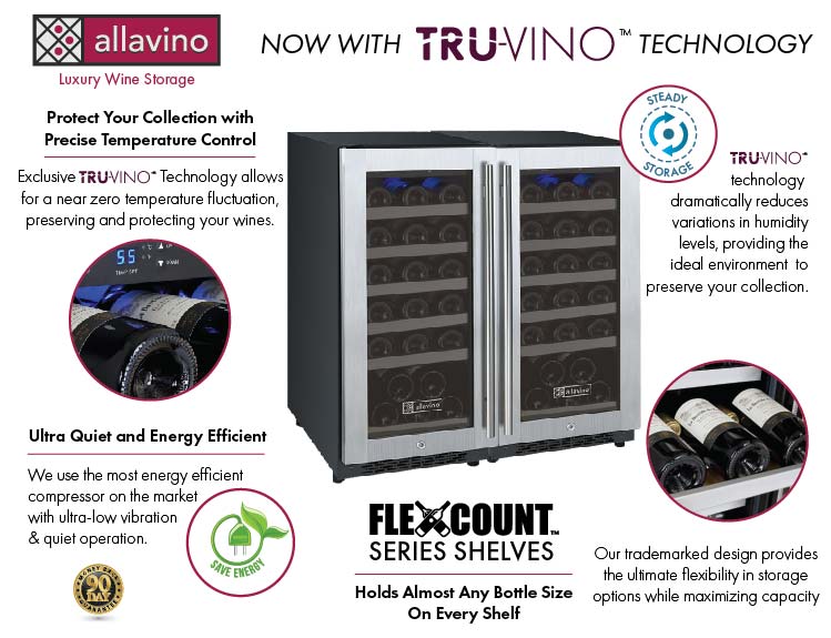 30" Wide FlexCount II Tru-Vino 60 Bottle Dual Zone Stainless Steel Side-by-Side Wine Refrigerator