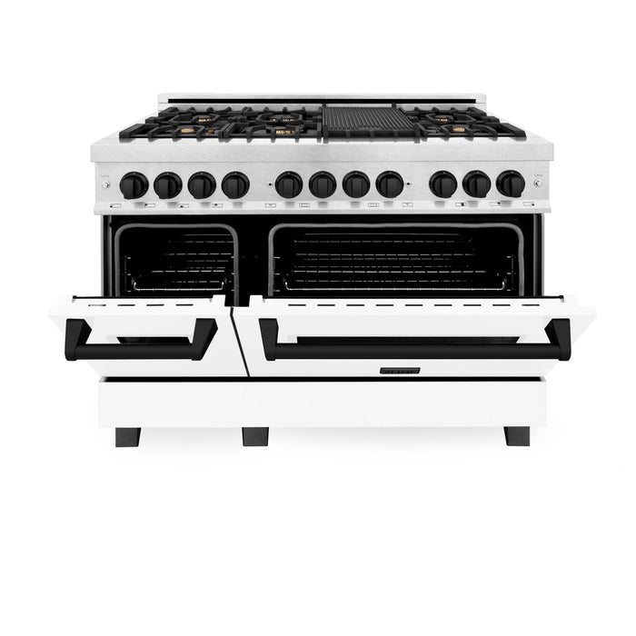 ZLINE Autograph Edition 48 in. 6.0 cu. ft. Range, Gas Stove/Electric Oven in DuraSnow® with White Matte Door, Matte Black Accents, RASZ-WM-48-MB