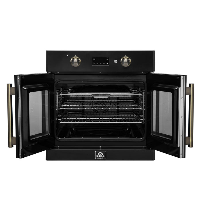 Forno Asti 30-Inch French Door Electric Wall Oven in Black & Antique Brass, 3.68 cu. ft. True Convection, 3,600W, Air Fry, Sous Vide, Self-Clean