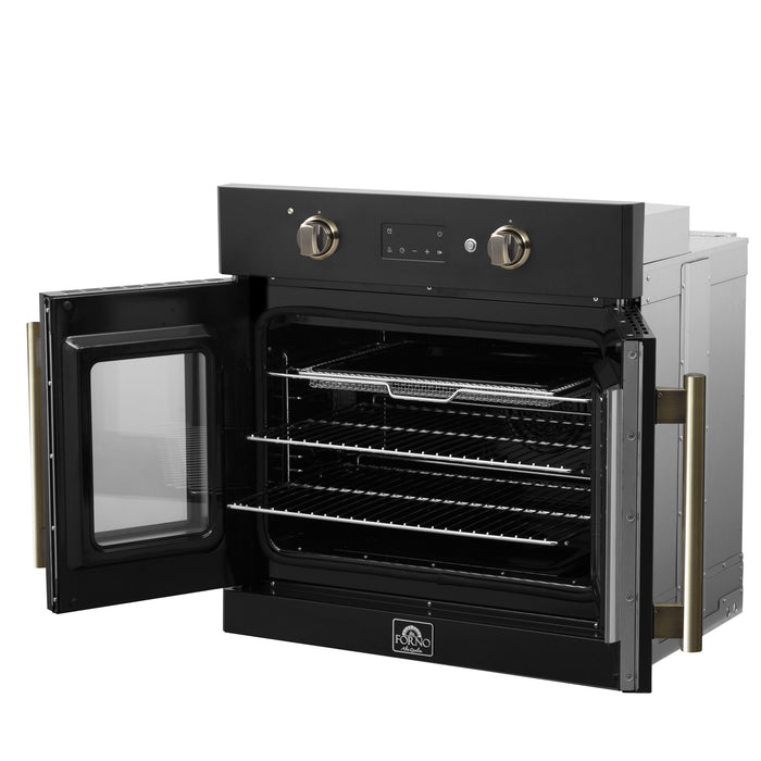 Forno Asti 30-Inch French Door Electric Wall Oven in Black & Antique Brass, 3.68 cu. ft. True Convection, 3,600W, Air Fry, Sous Vide, Self-Clean