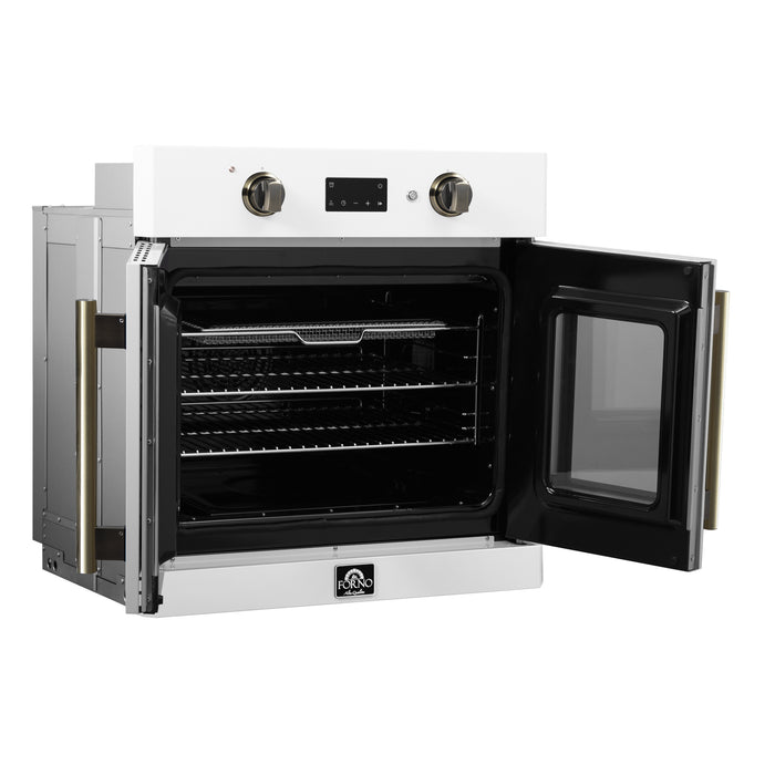 Forno Asti 30-Inch French Door Electric Wall Oven in White & Antique Brass, 3.68 cu. ft. True Convection, 3,600W, Air Fry, Sous Vide, Self-Clean