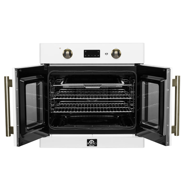 Forno Asti 30-Inch French Door Electric Wall Oven in White & Antique Brass, 3.68 cu. ft. True Convection, 3,600W, Air Fry, Sous Vide, Self-Clean