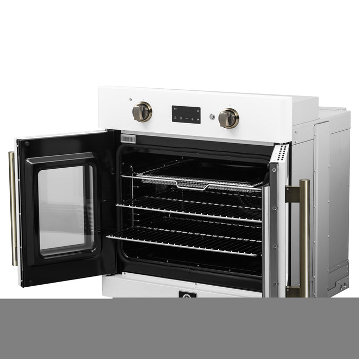 Forno Asti 30-Inch French Door Electric Wall Oven in White & Antique Brass, 3.68 cu. ft. True Convection, 3,600W, Air Fry, Sous Vide, Self-Clean