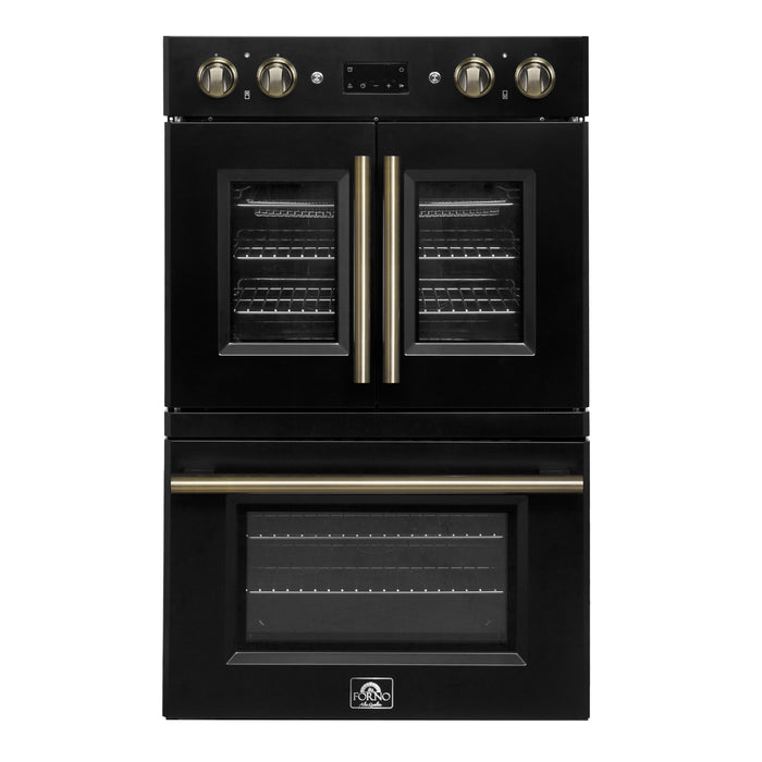 Forno Asti 30-Inch Double Electric Wall Oven with Upper French Doors in Black & Antique Brass, 7.36 cu. ft. Dual True Convection, 7,200W, Air Fry, Sous Vide, Self-Clean
