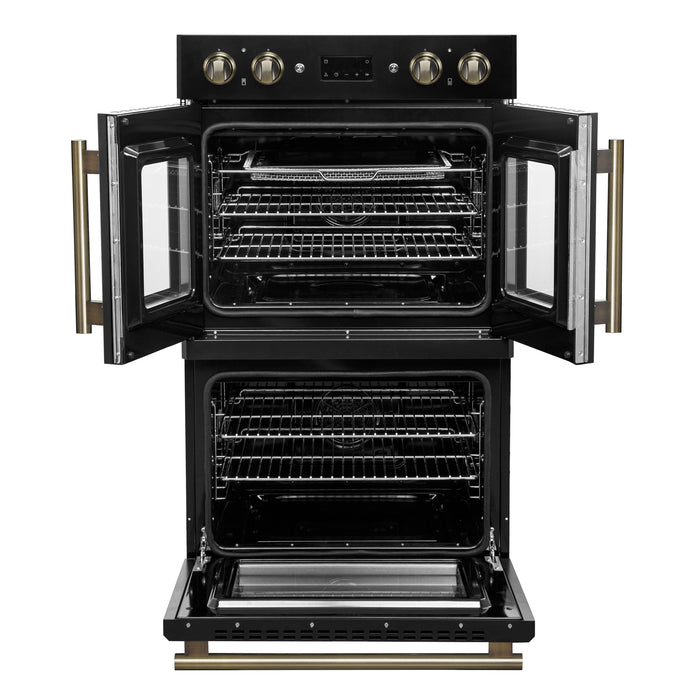 Forno Asti 30-Inch Double Electric Wall Oven with Upper French Doors in Black & Antique Brass, 7.36 cu. ft. Dual True Convection, 7,200W, Air Fry, Sous Vide, Self-Clean