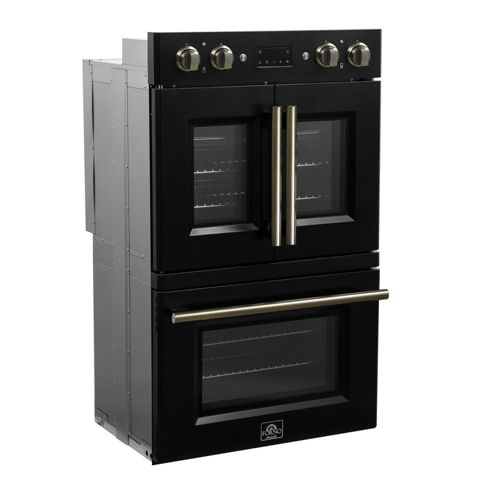 Forno Asti 30-Inch Double Electric Wall Oven with Upper French Doors in Black & Antique Brass, 7.36 cu. ft. Dual True Convection, 7,200W, Air Fry, Sous Vide, Self-Clean
