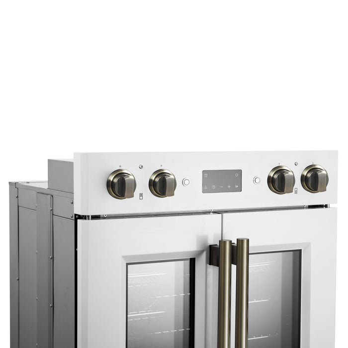 Forno Asti 30-Inch Double Electric Wall Oven with Upper French Doors in White & Antique Brass, 7.36 cu. ft. Dual True Convection, 7,200W, Air Fry, Sous Vide, Self-Clean