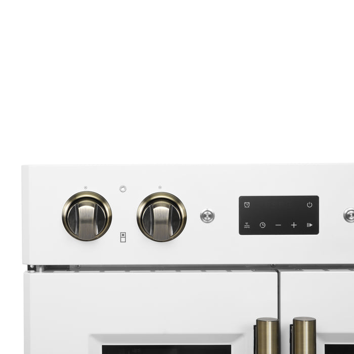 Forno Asti 30-Inch Double Electric Wall Oven with Upper French Doors in White & Antique Brass, 7.36 cu. ft. Dual True Convection, 7,200W, Air Fry, Sous Vide, Self-Clean