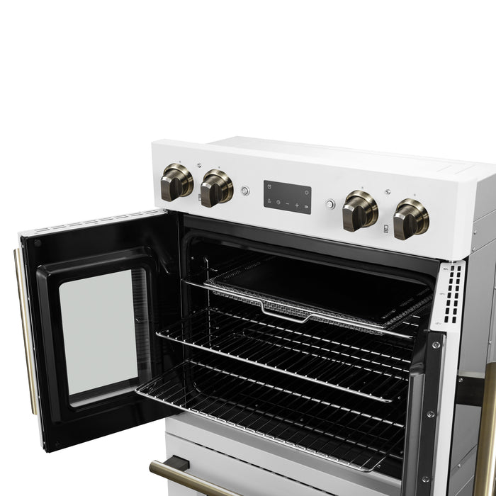 Forno Asti 30-Inch Double Electric Wall Oven with Upper French Doors in White & Antique Brass, 7.36 cu. ft. Dual True Convection, 7,200W, Air Fry, Sous Vide, Self-Clean
