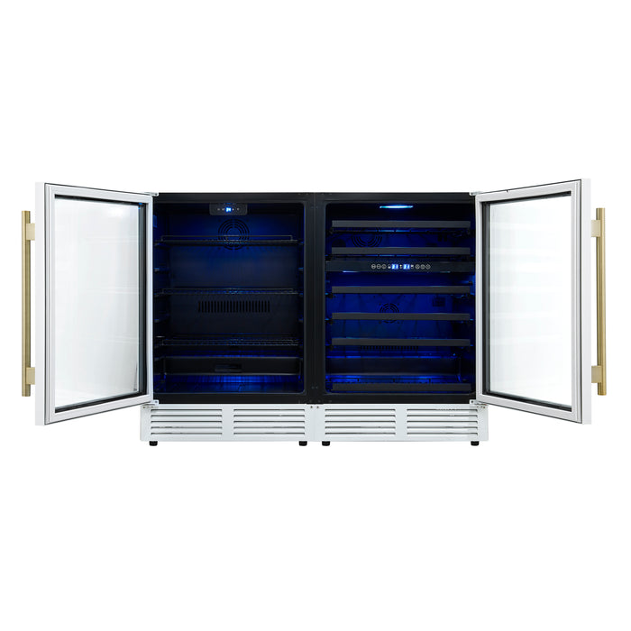 Forno Gemello 48 Inch Side-by-Side Wine and Beverage Cooler in White with Antique Brass Handles, French Door, 9.6 cu. ft.