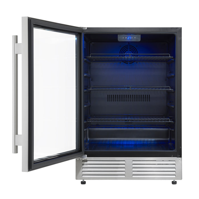 Forno Frescolino 24 Inch Beverage Cooler, Stainless Steel, with LED Lighting, Triple Glass Door, 188 Can Capacity, Built-In or Freestanding