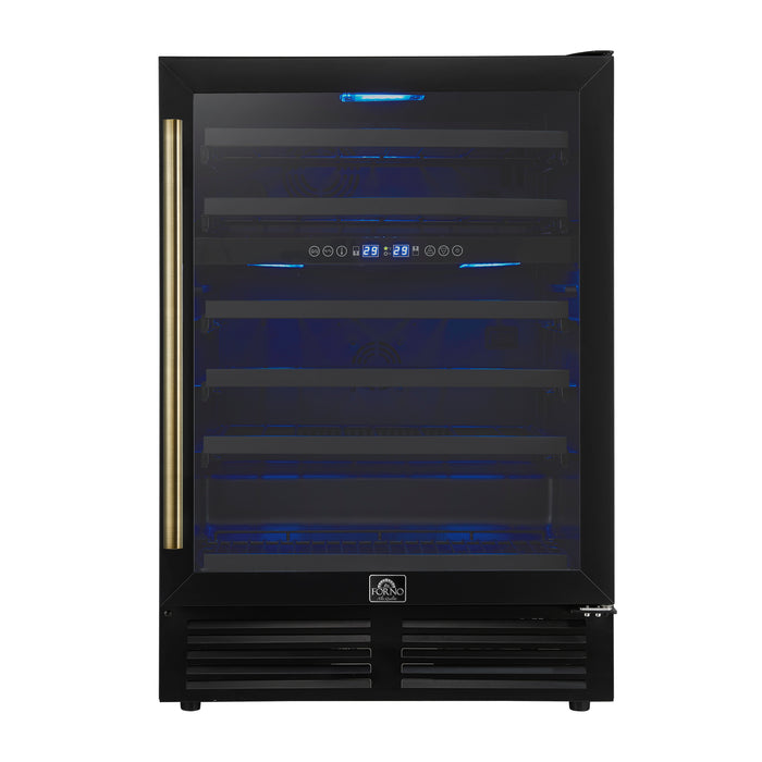 Forno Bacchino 24 Inch Wine Cooler, Black with Antique Brass Handles, with LED Lighting, Triple Glass Door, 51 Bottle Capacity, Built-In or Freestanding