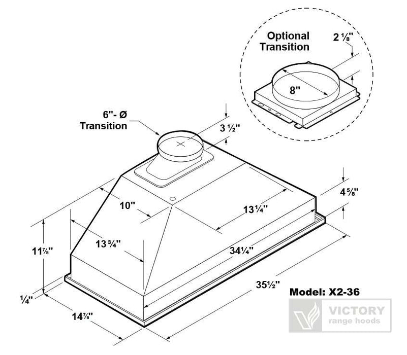 36 Inch 700 CFM Range Hood Insert - VICTORY X2