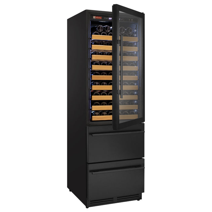 76.5" Tall Black Wine Refrigerator with Two Refrigerated Drawers