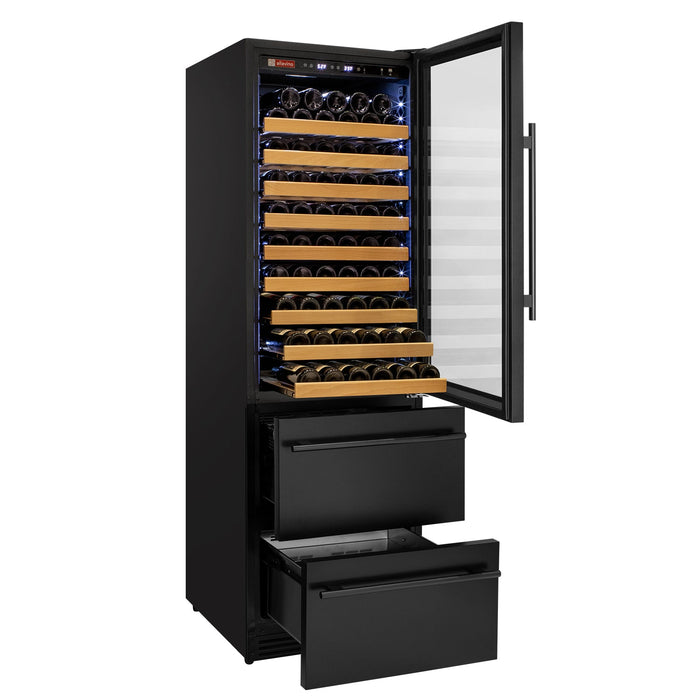 76.5" Tall Black Wine Refrigerator with Two Refrigerated Drawers