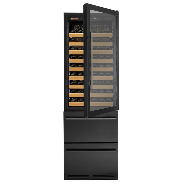 76.5" Tall Black Wine Refrigerator with Two Refrigerated Drawers