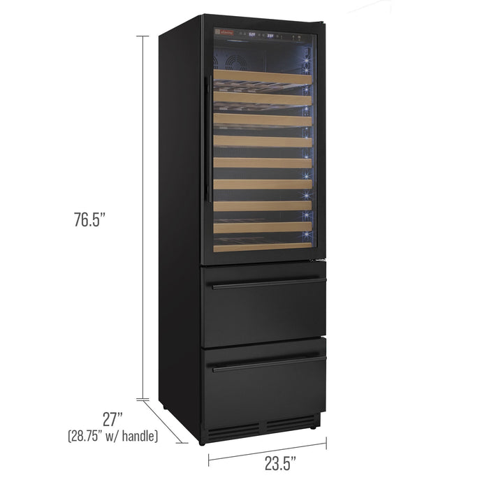 76.5" Tall Black Wine Refrigerator with Two Refrigerated Drawers