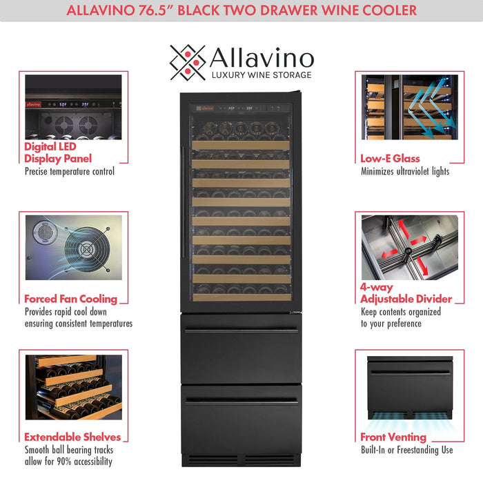 76.5" Tall Black Wine Refrigerator with Two Refrigerated Drawers