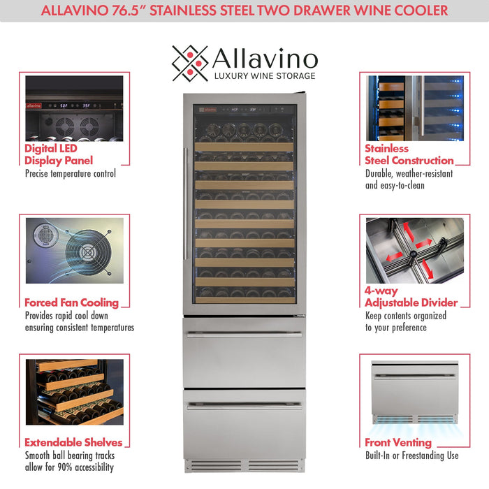 76.5" Tall Stainless Steel Wine Refrigerator with Two Refrigerated Drawers