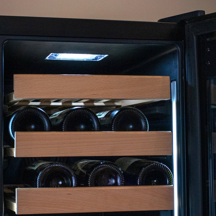 76.5" Tall Black French Doors Dual Zone Wine Refrigerator with Two Refrigerated Drawers