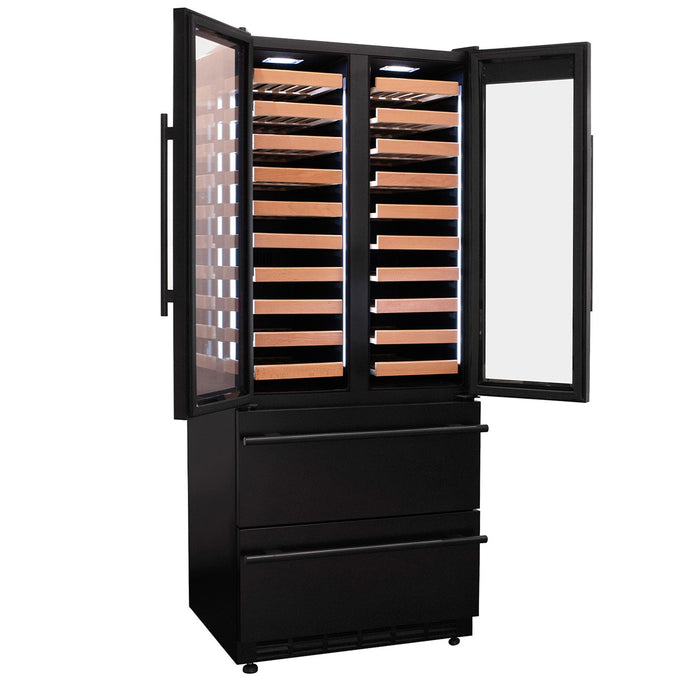 76.5" Tall Black French Doors Dual Zone Wine Refrigerator with Two Refrigerated Drawers