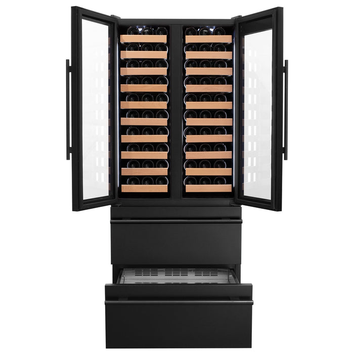 76.5" Tall Black French Doors Dual Zone Wine Refrigerator with Two Refrigerated Drawers