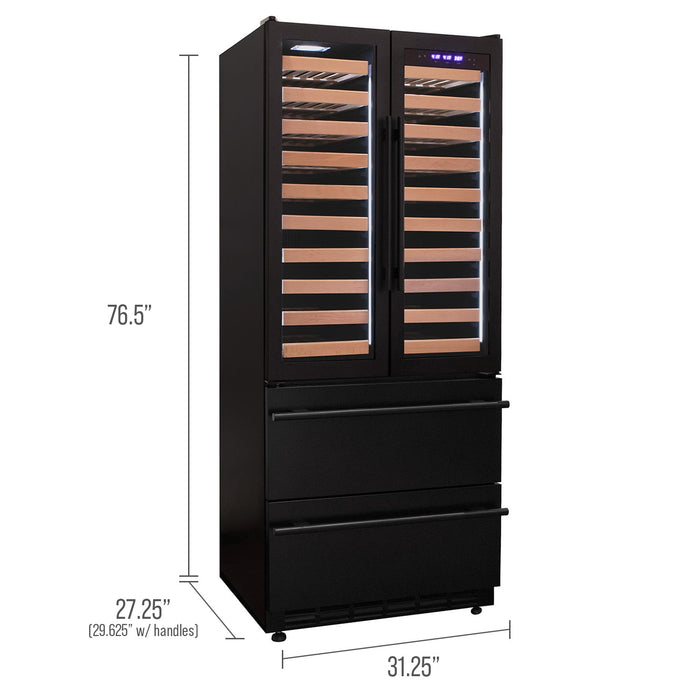 76.5" Tall Black French Doors Dual Zone Wine Refrigerator with Two Refrigerated Drawers