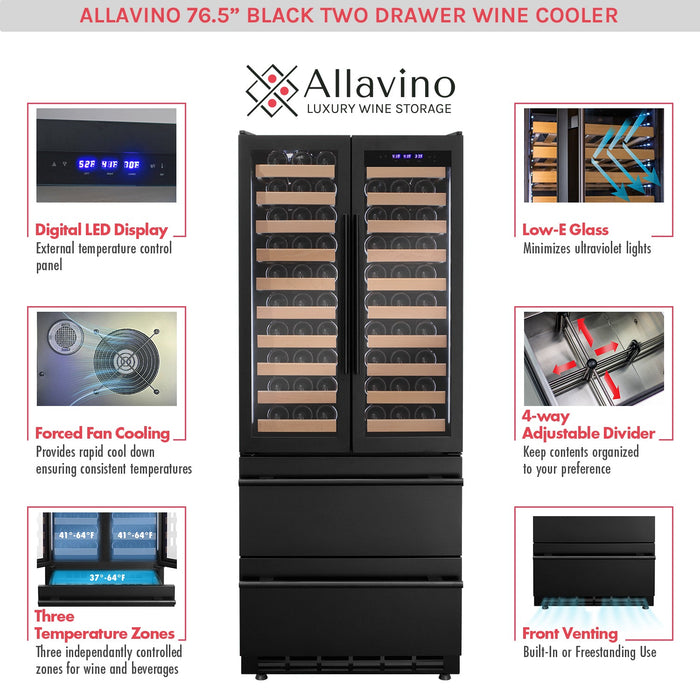 76.5" Tall Black French Doors Dual Zone Wine Refrigerator with Two Refrigerated Drawers