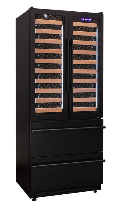 76.5" Tall Black French Doors Dual Zone Wine Refrigerator with Two Refrigerated Drawers