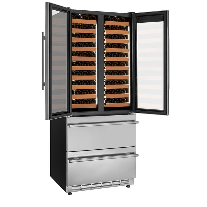 76.5" Tall Stainless Steel French Doors Dual Zone Wine Refrigerator with Two Refrigerated Drawers