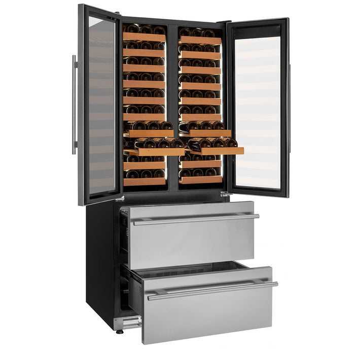 76.5" Tall Stainless Steel French Doors Dual Zone Wine Refrigerator with Two Refrigerated Drawers