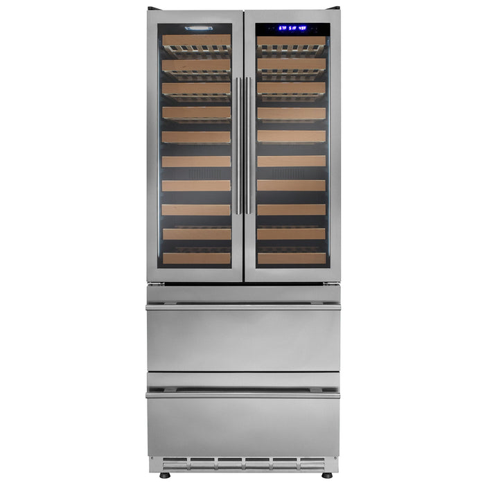 76.5" Tall Stainless Steel French Doors Dual Zone Wine Refrigerator with Two Refrigerated Drawers