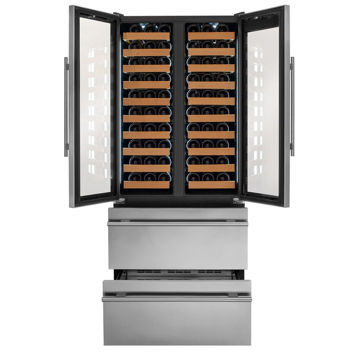 76.5" Tall Stainless Steel French Doors Dual Zone Wine Refrigerator with Two Refrigerated Drawers