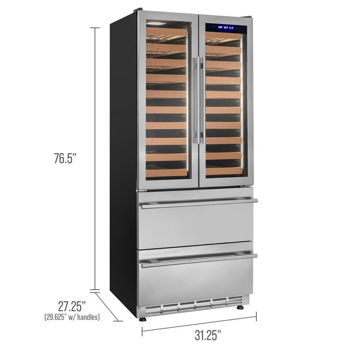 76.5" Tall Stainless Steel French Doors Dual Zone Wine Refrigerator with Two Refrigerated Drawers