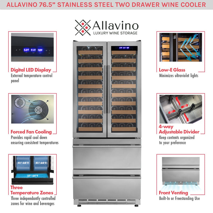 76.5" Tall Stainless Steel French Doors Dual Zone Wine Refrigerator with Two Refrigerated Drawers