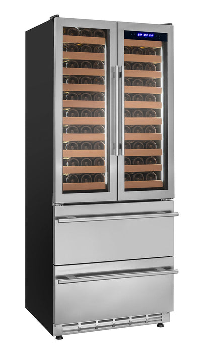 76.5" Tall Stainless Steel French Doors Dual Zone Wine Refrigerator with Two Refrigerated Drawers