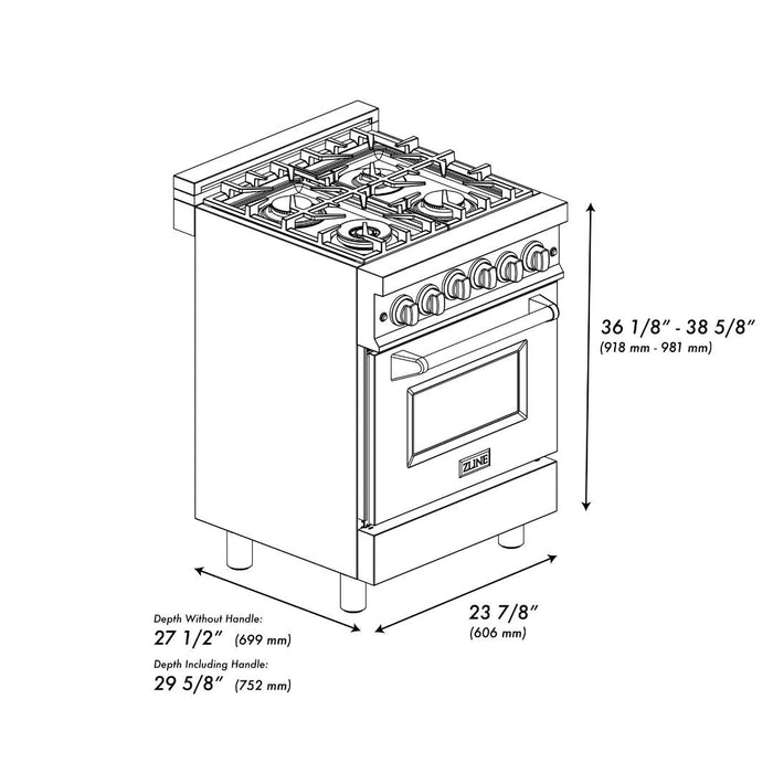 ZLINE 24 in. 2.8 cu. ft. Range with Gas Stove and Gas Oven in Black Stainless Steel with Brass Burners (RGB-24)