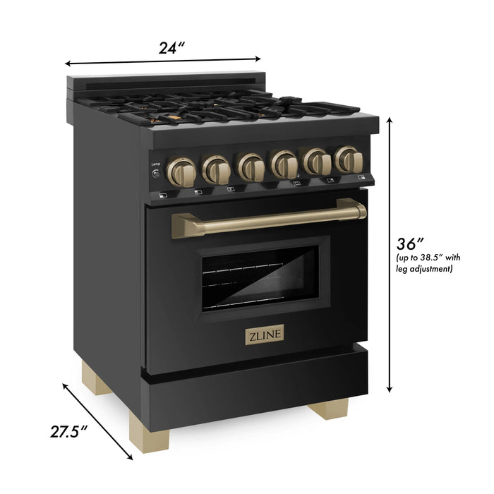 ZLINE 24 in. Autograph Edition Dual Fuel Range in Black Stainless Steel with Gold Accents, RABZ-24-G