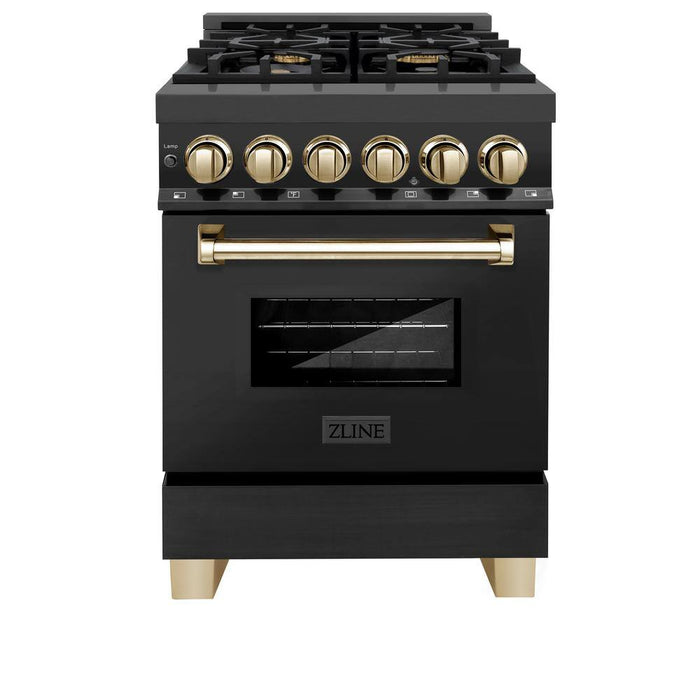 ZLINE 24 in. Autograph Edition Dual Fuel Range in Black Stainless Steel with Gold Accents, RABZ-24-G