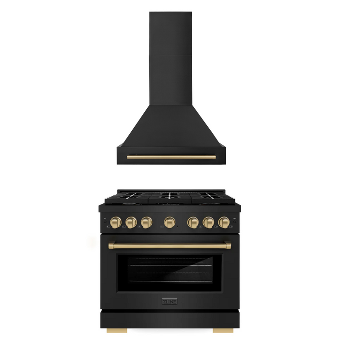 ZLINE Autograph Package - 36 In. Gas Range, Range Hood in Black Stainless Steel with Champagne Bronze Accents, 2AKP-RGBRH36-CB