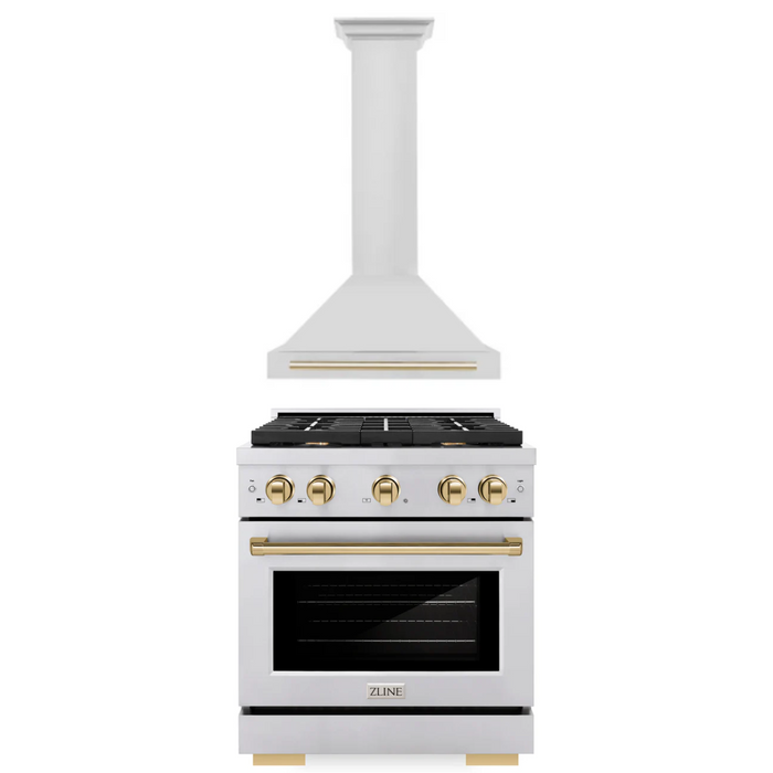 ZLINE Autograph Package - 30 In. Gas Range, Range Hood in Stainless Steel with Gold Accents, 2AKP-RGRH30-G