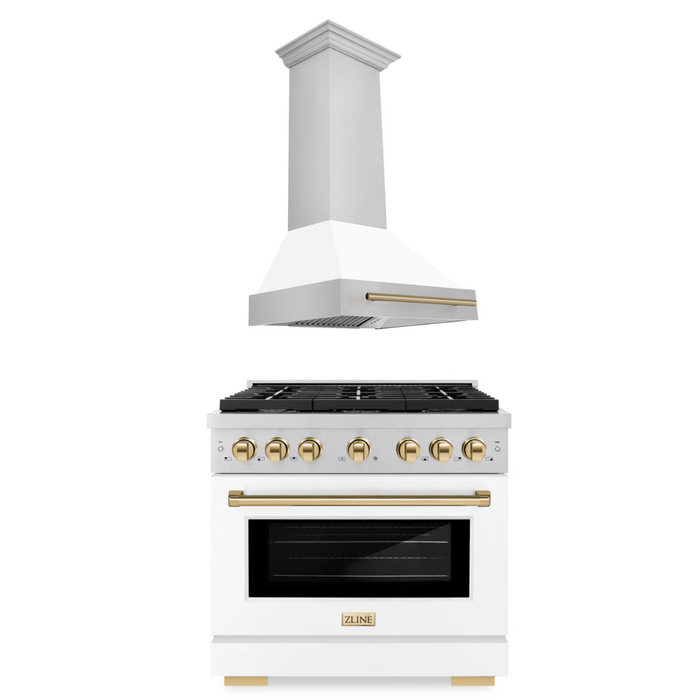 ZLINE Autograph Package - 36 In. Gas Range and Range Hood with White Matte Door and Bronze Accents, 2AKP-RGWMRH36-CB